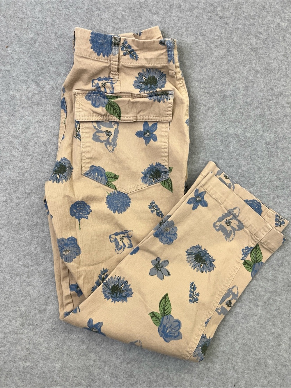 Lucky Brand Pants Womens 27 (4) Beige Blue Floral Print Button Fly Crop Straight